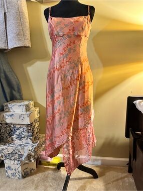 Adrianna Pink Floral Silk Slip Dress with Asymmetrical Hem